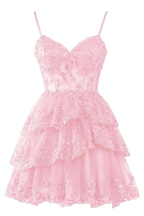 Pink Tulle Sweetheart with Lace Applique Party Dress, Pink Tulle Short Homecoming Dress